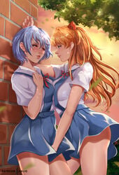 2girls asuka_langley_sohryu blonde_hair blue_hair blush breasts clothing exlic female female_only human lesbian light-skinned_female light_skin long_hair neon_genesis_evangelion orange_hair pale-skinned_female pale_skin rei_ayanami school_uniform schoolgirl short_hair skirt thick_thighs yuri