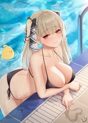 1girls azur_lane bikini black_bikini breasts cleavage female formidable_(azur_lane) hair_ribbon highres large_breasts long_hair looking_at_viewer manjuu_(azur_lane) platinum_blonde_hair pool poolside red_eyes swimsuit twintails two-tone_ribbon water wei_xiao wet_skin