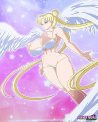 1girls alternate_breast_size angel_wings areolae big_breasts big_nipples bikini bishoujo_senshi_sailor_moon blonde_hair blue_eyes bra bracelet breasts cameltoe double_bun erect_nipples exposed_breasts female female_only flying hair_ornament jewelry large_breasts long_hair long_twintails nipples panties partially_clothed princess_serenity riffsandskulls solo solo_female thong twintails underwear usagi_tsukino white_underwear wings