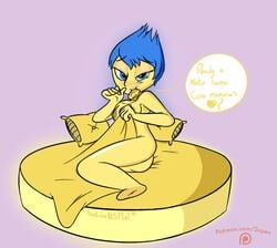 ass blue_eyes blue_hair breasts condom disney female female_only inside_out joy_(inside_out) laying_down laying_on_bed looking_at_viewer lying nipples nude pixar seductive solo stewsspicyblog superionnsfw supesnsfw yellow_skin