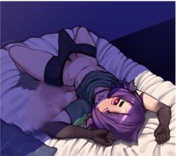 1boy big_penis bulge dick_root edit erection femboy human male male_only noseless penis purple_hair red_eyes shaved_crotch short_hair solo sucaciic toony veiny_penis