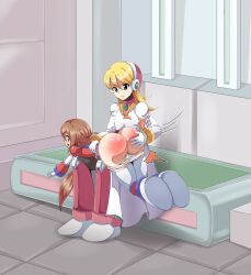 2girls alia ass big_ass female femdom iris_(mega_man) mega_man mega_man_x mega_man_x_dive multiple_girls pants_down spanking spanking_ass umaru_note yuri