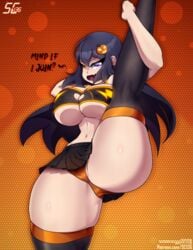 1girls background big_ass big_breasts black_clothes black_hair black_t-shirt blue_hair breasts clothed clothed_female clothes female female_only gentle_femdom half-closed_eyes heterochromia large_breasts leg_up looking_at_viewer miniskirt open_mouth open_smile orange_background orange_clothes original original_character original_characters panties sc136 skin skirt smile smiling standing standing_on_one_leg t-shirt tagme thick_thighs thighhighs thighs