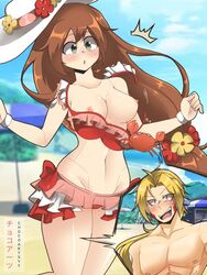 1boy 1girls accidental_exposure areola beach blush breasts brown_hair chocotoffy clothed crab exposed_breasts female female_focus iris_(mega_man) long_hair medium_breasts mega_man mega_man_x mega_man_x_dive nipples public_nudity reploid robot robot_girl robot_joints straight swimsuit swimsuit_iris_(x_dive) tagme wardrobe_malfunction zero_(mega_man)