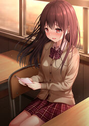 :d blush bow bowtie breasts brown_cardigan brown_hair cardigan chair commentary_request crying crying_with_eyes_open desk female highres holding indoors long_hair long_sleeves medium_breasts miniskirt monaka_curl open_mouth original pleated_skirt purple_bow purple_neckwear purple_skirt reading red_eyes school_chair school_desk school_uniform sitting skin_fang skirt smile solo striped striped_bow striped_neckwear tears window wing_collar