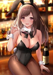 :d alcohol animal_ears backlighting bar bare_shoulders black_bow black_neckwear black_ribbon blurry blurry_background blush bottle bow bowtie breasts brown_hair brown_legwear bunny_ears bunny_tail cleavage commentary_request cup depth_of_field detached_collar drinking_glass fake_animal_ears fake_tail female fingernails glint highres holding holding_cup idolmaster idolmaster_shiny_colors indoors large_breasts leotard long_hair monaka_curl open_mouth pantyhose playboy_bunny purple_eyes ribbon side-tie_leotard sitting smile solo strapless strapless_leotard tail teasing tsukioka_kogane wine wine_bottle wine_glass wrist_cuffs