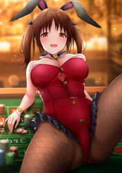 :d animal_ears bangs bare_shoulders black_ribbon blurry blurry_background bracelet breasts brown_eyes brown_hair brown_legwear bunny_ears cleavage commentary_request depth_of_field eyebrows_visible_through_hair female fishnet_legwear fishnets frilled_leotard frills glint hair_ribbon highres idolmaster idolmaster_cinderella_girls indoors jewelry knee_up large_breasts leotard looking_at_viewer monaka_curl open_mouth pantyhose parted_bangs playboy_bunny poker_chip poker_table red_leotard ribbon smile solo spread_legs strapless strapless_leotard totoki_airi twintails