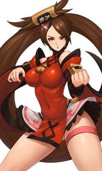 absurdres bangs bare_shoulders breasts brown_eyes brown_hair cheongsam china_dress chinese_clothes commentary covered_navel dress female fighting_stance guilty_gear guilty_gear_xrd hair_ornament hairclip highres kuradoberi_jam lips long_hair medium_breasts parted_bangs parted_lips pelvic_curtain photoshop_(medium) qipao red_dress sanj shiny shiny_clothes shiny_hair shiny_skin short_dress simple_background skirt sleeveless solo thigh_strap tied_hair very_long_hair white_background wide_sleeves