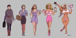 bimbo bimbofication blonde_hair brainwashing breast_expansion covered_nipples ebonization high_heels huge_breasts identity_death navel platform_heels race_swap sortimid tan thick_lips thick_thighs transformation_sequence twintails wide_hips