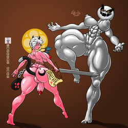 1futa 1girls anthro areolae balls big_ass big_balls big_breasts big_penis breasts buttplug buttplug_tail cock-tail delirium_(the_binding_of_isaac) duo eden_(the_binding_of_isaac) female futanari hi_res humanoid humanoid_penis muscular muscular_female muscular_futanari muscular_thighs penis pink_skin rashchaos standing sword the_binding_of_isaac thick_thighs white_body wide_hips