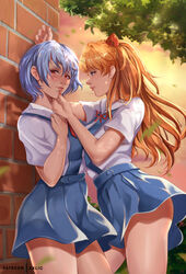 2girls asuka_langley_sohryu blue_eyes blue_hair blush clothing exlic female female_only holding_chin light-skinned_female light_skin neon_genesis_evangelion orange_hair outdoors outside red_eyes rei_ayanami school_uniform skirt thick_thighs wall wall_(structure) wall_slam yuri