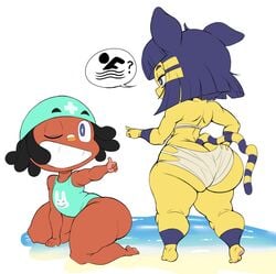 1boy 1girls animal_crossing ankha ass_cleavage big_ass black_hair blue_eyes blue_hair bottom_heavy butt_crack cushion_(purple_yoshi_draws) dark-skinned_male egyptian feline female male nintendo one-piece_swimsuit purple_yoshi_draws shortstack simple_background striped_tail tail thick_thighs tight_clothing yellow_skin