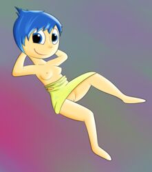 blue_eyes blue_hair breasts disney dress exposed_breasts female female_only hands_behind_head humanoid inside_out joy_(inside_out) nipples partially_clothed pixar pj-nsfw pussy smirk solo vagina yellow_skin