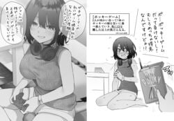 1boy 1girls 2019 2koma a_kind_world_(ryouma_(galley)) absurd_res bait_and_switch barefoot black-haired_girl_(ryouma) blush bracelet brand_name_imitation breasts choker clothed clothing couple dialogue earrings embarrassed fangs feet female flying_sweatdrops funny game_controller gamer_girl greyscale grin hair_between_eyes headphones headphones_around_neck highres holding_controller holding_object humor indoors japanese_text jewelry large_breasts looking_at_viewer male male_pov monochrome open_mouth playing_videogame pocky pov ryouma_(galley) shirt short_shorts shorts sitting sleeveless sleeveless_shirt speech_bubble sweat sweatdrop table teeth text thick_thighs thighs tongue translated unexpectedly_good video_games wholesome yokozuwari