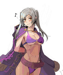 1girls alternate_costume belt bikini cape female female_only fire_emblem fire_emblem_awakening fire_emblem_heroes gloves hands_behind_back light-skinned_female light_skin medium_hair nintendo purple_bikini purple_swimsuit robin_(female)_(summer)_(fire_emblem) robin_(fire_emblem) robin_(fire_emblem)_(female) saiykik solo solo_female swimsuit twintails white_background white_hair yellow_eyes