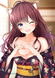 ;3 ;d animal_ears antenna_hair bangs bare_shoulders black_kimono blue_eyes blurry blurry_background blush breasts cat_ears cleavage collarbone depth_of_field eyebrows_visible_through_hair female floral_print heart heart_hands highres ichinose_shiki idolmaster idolmaster_cinderella_girls indoors japanese_clothes kemonomimi_mode kimono light_particles long_hair looking_at_viewer medium_breasts monaka_curl off_shoulder one_eye_closed open_clothes open_kimono open_mouth petals print_kimono purple_hair sash shiny shiny_hair smile underbust upper_body yukata