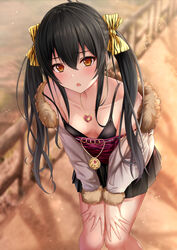 1girls animal_print bangs bare_shoulders black_hair blush bow breasts brown_eyes eyebrows_visible_through_hair female fur-trimmed_jacket fur_trim hair_ribbon hairbow highres idolmaster idolmaster_cinderella_girls jacket jewelry leopard_print light-skinned_female light_skin long_hair looking_at_viewer matoba_risa monaka_curl necklace off_shoulder open_mouth pleated_skirt ribbon skirt small_breasts solo strap_slip twintails yellow_eyes