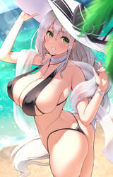 1girls aquila_(azur_lane) aquila_(sardegnian_shallows_and_sunshine)_(azur_lane) ass azur_lane beach bikini cleavage dat_ass female female_only from_behind green_eyes hat huge_breasts light-skinned_female light_skin long_hair looking_at_viewer outdoor sardegna_empire_(azur_lane) smiling thong ushimittsu white_hair