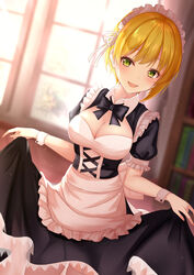 :d apron bangs black_bow blonde_hair blush bow breasts cleavage commentary_request dress eyebrows_visible_through_hair female green_eyes highres idolmaster idolmaster_cinderella_girls indoors looking_at_viewer maid maid_headdress miyamoto_frederica monaka_curl open_mouth puffy_short_sleeves puffy_sleeves short_hair short_sleeves smile solo very_short_hair white_apron window wrist_cuffs