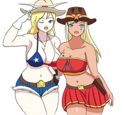 2021 2girls arizona belly_button blonde_hair blue_eyes breasts cowboy_hat female gloves gun_holster human moemorphism pale_skin personification revealing_clothes sealllll shorts skirt tan_skin texas texas_flag winking