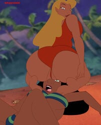 2girls ass beach big_ass breasts facesitting feet huge_ass lifeguard_(lilo_and_stitch) lilo_and_stitch looking_at_another multiple_girls nani_pelekai pussy pyramid_(artist) sitting sitting_on_person smothering_ass swimsuit thick_thighs yuri