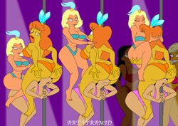 3girls amy_wong ass ass_cleavage breast_press breast_squeeze breasts_out butt_crack butt_grab face_in_ass fall futurama head_on_breasts huge_breasts looking_up manjula_nahasapeemapetilon mindy_simmons multiple_girls njörd_(futurama) pyramid_(artist) rimming smothering_ass stripper_pole the_simpsons titania_(the_simpsons) yuri