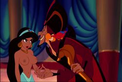 aladdin breasts clothed_male_nude_male disney disney_princess disney_villains erected_nipples iago jafar kuplo looking_at_another nipples princess_jasmine resisting restrained topless