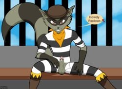 anthro anthro_only dialogue dustin_c humanoid_penis jail leaking_precum male male_only mammal penis penis_out precum raccoon sly_cooper_(series) smooth_fur solo solo_male sony_corporation sony_interactive_entertainment speech_bubble sucker_punch_productions tennessee_kid_cooper