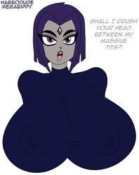 alternate_breast_size dc dc_comics dialogue goth habbodude huge_breasts lips looking_at_viewer nipple_bulge open_mouth puffy_areola puffy_nipples purple_eyes purple_hair rachel_roth raven_(dc) short_hair straight_hair teen_titans tight_clothing top_heavy upper_body