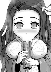 1girls :>= aged_up big_breasts blush breasts chiroru demon_slayer eye_contact female female_only greyscale hair_ornament haori kamado_nezuko kimetsu_no_yaiba long_hair looking_at_viewer monochrome nipple_bulge saliva sexually_suggestive solo sucking white_background