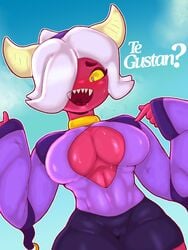 1girls boob_window brawl_stars breasts cameltoe colette_(brawl_stars) demon demon_girl demon_horns demon_tail demon_wings eyelash female female_only hair_over_one_eye horns jacksito_(artist) pink_skin sharp_teeth solo solo_female succubus sweat sweatdrop tail trixie_colette_(brawl_stars) white_hair wings yellow_sclera