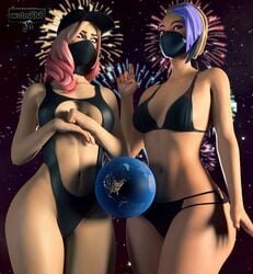 2girls 3d 3d_(artwork) abs athleisure_assassin bikini blonde_hair bra breasts catalyst_(fortnite) fortnite fortnite:_battle_royale giantess hat large_ass lingerie long_hair looking_at_viewer looking_down mask one-piece_swimsuit panties sling_bikini swimsuit tagme thick_thighs wide_hips wotm8h8