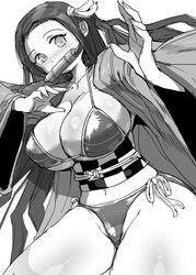 1girls aged_up big_breasts bikini blush breasts chiroru curvy_figure demon_slayer eye_contact female female_only gag greyscale hair_ornament haori huge_breasts kamado_nezuko kimetsu_no_yaiba long_hair looking_at_viewer monochrome obi solo thick_thighs white_background wide_hips