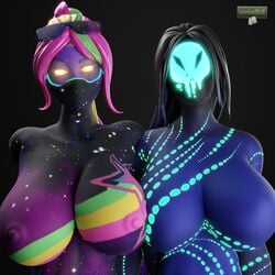 2girls 3d 3d_(artwork) areolae breasts cosmic_skin curvy eyewear_on_head female female_only fortnite fortnite:_battle_royale galaxia_(fortnite) huge_breasts long_hair looking_at_viewer mariana_(fortnite) mask nude sunglasses sunglasses_on_head tagme wotm8h8