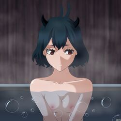 1girls areolae bare_shoulders black_clover black_hair breasts bubbles cowlick female female_only horns looking_to_the_side nipples parted_lips pink_nipples red_eyes sauna secre_swallowtail shirtless short_hair shoulders skrusj small_breasts solo solo_female steam upper_body water watermark