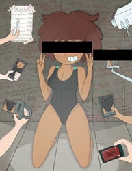 amphibia anne_boonchuy black_swimsuit blush breasts brown_hair cameltoe cellphone cellphone_camera censor_bar dark-skinned_female dark_skin disney disney_channel double_v female female_only graffiti kneeling nipple_bulge nipples nipples_visible_through_clothing one-piece_swimsuit peace_sign recording straight_hair svendheim swimsuit thai thai_female v video_camera voyeurism