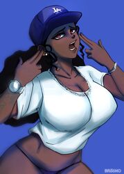 baseball_cap big_breasts black_hair bottomless breasts broonoart cleavage dababy dark-skinned_female dark_skin female female_only jewelry looking_at_viewer meme open_mouth pov red_eyes rule_63 simple_background t-shirt watch