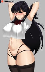 1girls big_breasts black_hair blush breasts crop_top_overhang curvy_figure drape eye_contact female grey_background hioyami huge_breasts komi-san_wa_komyushou_desu komi_shouko long_hair looking_at_viewer solo standing thick_thighs thighhighs thong wide_hips