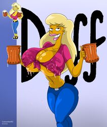 areolae beer beer_mug belt blonde_hair breasts cartoonfan402 cleavage cleavage_cutout duff_beer earrings female female_focus female_only hips jeans kogeikun large_breasts lips long_hair nipple_bulge nipples small_waist the_simpsons thick_thighs thighs titania_(the_simpsons) wet_shirt yellow_skin