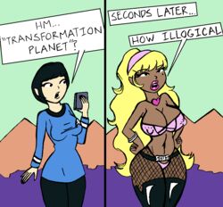 2013 2016 alien before_and_after bimbo bimbofication blonde_hair bra cleavage colored cyber-dryad english_text female genderswap heart_necklace humanoid large_breasts mdetector5 mdfive midriff mole_under_eye mop_top nipple_bulge pantyhose pointy_ears speech_bubble spock star_trek star_trek_the_original_series starfleet_insignia starfleet_uniform tan text tricorder vulcan_(species)