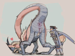 1boy1girl 2021 anus bird_wyvern capcom feral great_izuchi harsh-mallowz human_on_feral hunter_(monster_hunter) kamura_(armor) looking_back male monster monster_hunter monster_hunter_rise presenting_anus presenting_hindquarters presenting_pussy pussy rear_view