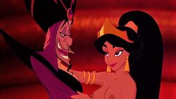 aladdin breasts clothed_male_nude_male consensual disney disney_princess disney_villains embracing erected_nipples evil_queen_jasmine jafar jafar_harem_outfit kuplo looking_at_another nipples princess_jasmine smiling topless