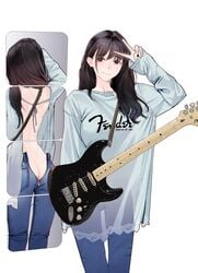 1girls ass ass_cleavage ass_zipper back_zipper backless backless_outfit baggy_clothing black_hair blue_jeans brown_hair butt_crack electric_guitar embroidered embroidery female female_only fender_(brand) fender_stratocaster grey_eyes guitar guitar_little_sister_(hitomi_o) hitomi_o jeans long_hair looking_at_viewer mirror mirrors negligee oversized_clothes see-through see-through_clothing see-through_top sleeves_past_wrists smile solo solo_female thin unzipped unzipped_pants v_sign white_background young zipper