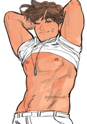 1boy 1male arms_behind_head arms_up basilenjoyer brown_eyes brown_hair hero_(omori) light-skinned_male light_skin looking_down male male_only muscular_male navel_hair necklace omori pants_on seductive_smile shirt_lift shirt_up solo solo_male