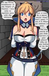 ahri_a_walla armor belt big_breasts blonde_hair blue_eyes clothed clueless comic digital_media_(artwork) dungeon female genshin_impact hilichurls_(species) human jean_gunnhildr knight latex ponytail tight_clothing tight_pants tights torn_clothes