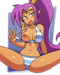 1girls big_breasts bikini bikini_aside blue_eyes blush breasts cameltoe come_hither condom condom_in_mouth condom_wrapper earrings female female_focus female_only female_protagonist flashing flashing_breasts genie hoop_earrings large_breasts long_hair looking_at_viewer navel nipples one_breast_out ponytail purple_hair seductive_look shantae shantae_(character) smile smooth_skin solo spread_legs striped_bikini swimsuit swimsuit_aside swimsuit_pull swimwear tan_skin tied_hair tobias_wheller wayforward