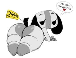 :3 animate_inanimate anthro ass big_ass big_butt cute cute_face dialogue digital_media_(artwork) english_text feet female female_only for_sale heart huge_butt large_ass looking_at_viewer looking_back lying mammal monochrome nintendo nintendo_switch nude on_front open_mouth price price_tag rough_sketch shortstack simple_background solo solo_female speech_bubble spoken_heart sssonic2 switch_dog text video_games white_background