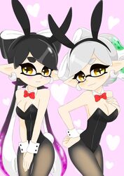 2girls beauty_mark black_hair bowtie breasts bunny_ears bunny_tail bunnysuit callie_(splatoon) earrings female hand_on_breast inkling joppun lingerie long_hair marie_(splatoon) nintendo pointy_ears short_hair smooth_skin splatoon tentacle_hair twintails white_hair white_skin yellow_eyes