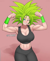 breasts dragon_ball dragon_ball_fighterz dragon_ball_super flexing flytrapxx fusion green_hair huge_breasts iabs kefla legendary_super_saiyan muscular muscular_female potara_earrings saiyan super_saiyan super_saiyan_2 teal_eyes wink winking_at_viewer