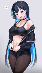 1girls bangs bare_shoulders belly big_breasts black_hair black_jacket black_shorts blue_hair blunt_bangs blush bra breasts brown_legwear choker cleavage colored_inner_hair cowboy_shot cute earrings female female_only grey_background hair_between_eyes heart high_resolution jacket jacket_off_one_shoulder jewelry large_breasts linea_alba long_hair looking_at_viewer multicolored_hair nail_polish navel navel_line navel_piercing off_shoulder open_mouth original pantyhose piercing pink_nails purple_eyes short_shorts shorts sideboob sidelocks simple_background skindentation solo solo_female speech_bubble sports_bra stomach streaked_hair sweat tattoo tem10 thick_thighs thighs thin_waist toned tongue tongue_out tongue_piercing two-tone_hair two_tone_hair underwear very_long_hair wet